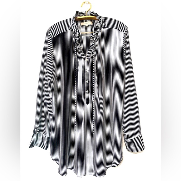 Ann Taylor Loft Black White Vertical Striped Pintuck Tunic Blouse Extra Large - Picture 3 of 9